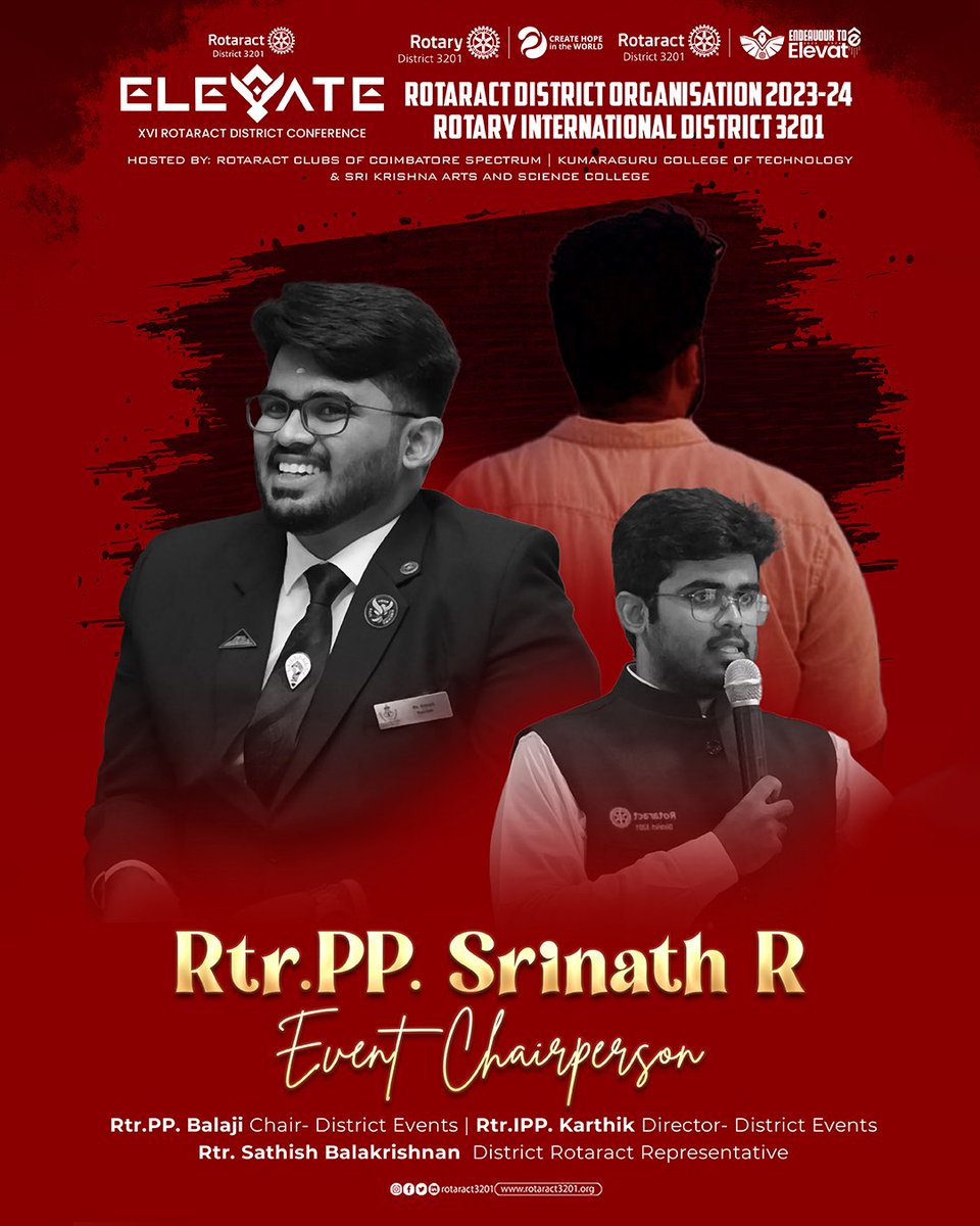 rotaract3201's tweet photo. A successful event begins with a visionary leader at the helm,
Introducing
Rtr PP Srinath-Event Chair,
Rtr IPP Hari Srinivasan-Event Secretary,
Rtr Kavya-Event Convenor
Rtr. Darshini-Event Treasurer of ELEVATE - 16th Rotaract District Conference https://t.co/njKG2kb4I5
