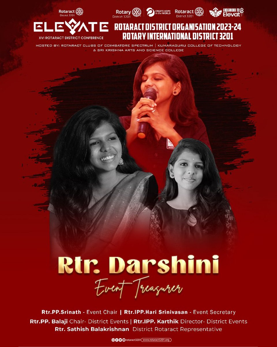 rotaract3201's tweet photo. A successful event begins with a visionary leader at the helm,
Introducing
Rtr PP Srinath-Event Chair,
Rtr IPP Hari Srinivasan-Event Secretary,
Rtr Kavya-Event Convenor
Rtr. Darshini-Event Treasurer of ELEVATE - 16th Rotaract District Conference https://t.co/njKG2kb4I5
