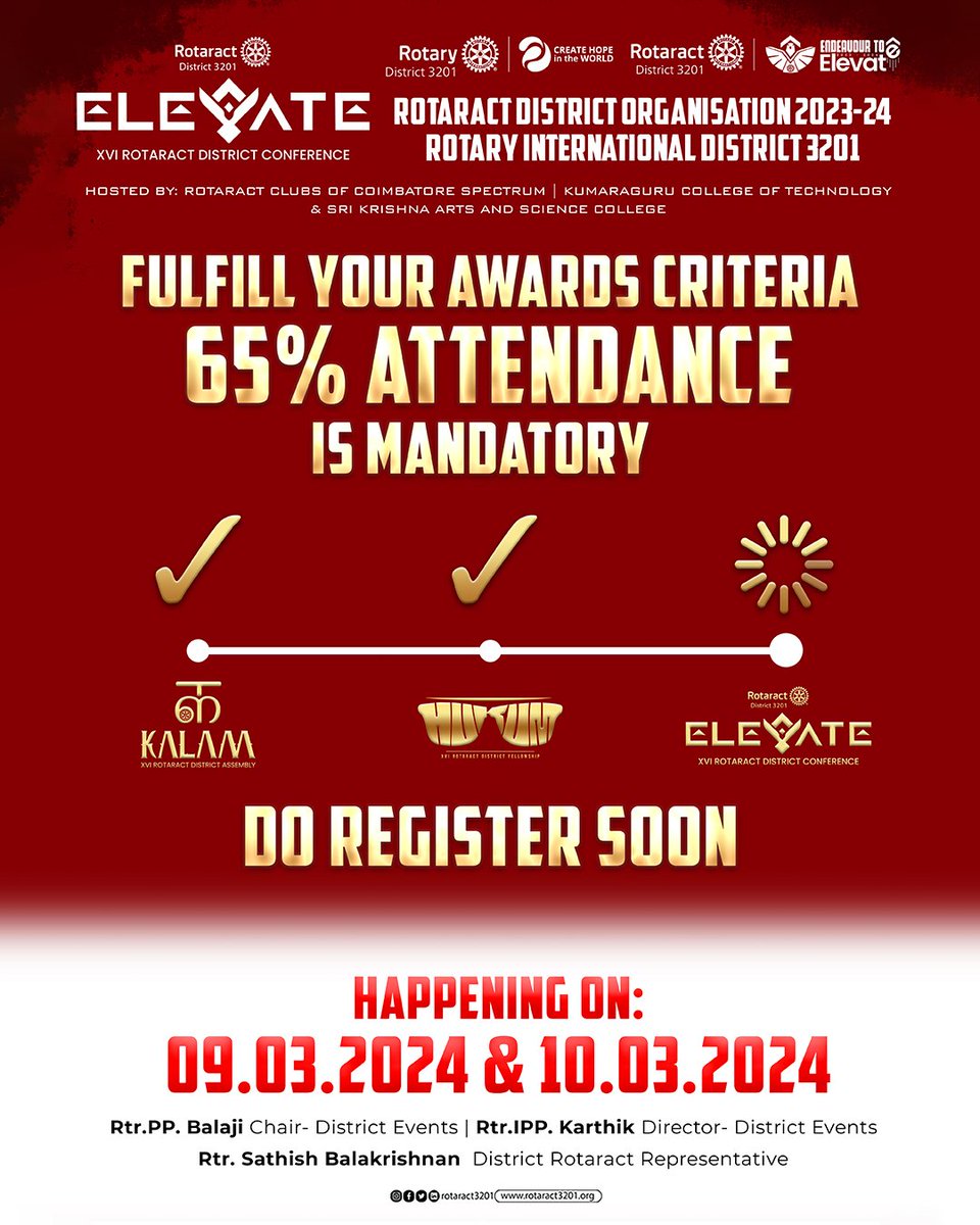 rotaract3201's tweet photo. Get ready to make your mark at the grand stage of ELEVATE. This is your moment to showcase the essence of your club Best Logo, Theme and Letterhead Award Awaits &amp; Don't forget !! A minimum of 65% attendance is necessary to satisfy the 100% awards criteria. https://t.co/soYfqNE4sN