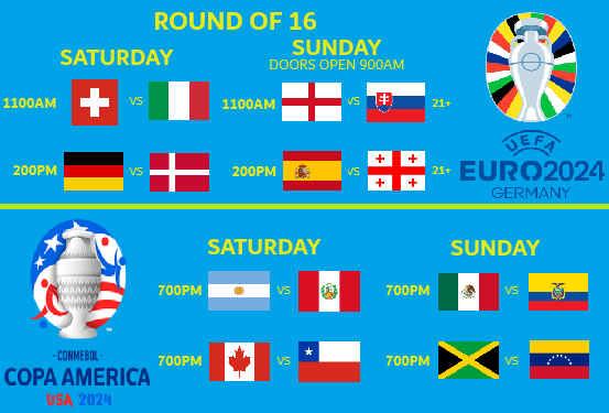 AJ Hudson's (@ajhudsons) on Twitter photo Euro Round of 16 & Copa America SATURDAY Switzerland-Italy, Germany-Denmark, Argentina-Peru, Canada-Chile; SUNDAY England-Slovakia, Spain-Georgia, Mexico-Ecuador, Jamaica-Venezuela; Pub 21+ SUN! Also SAT Fire, T20 World Cup Final <a href="/3LionsChicago/">3LionsChicago</a> Euro Round of 16 & Copa America SATURDAY Switzerland-Italy, Germany-Denmark, Argentina-Peru, Canada-Chile; SUNDAY England-Slovakia, Spain-Georgia, Mexico-Ecuador, Jamaica-Venezuela; Pub 21+ SUN! Also SAT Fire, T20 World Cup Final <a href="/3LionsChicago/">3LionsChicago</a>