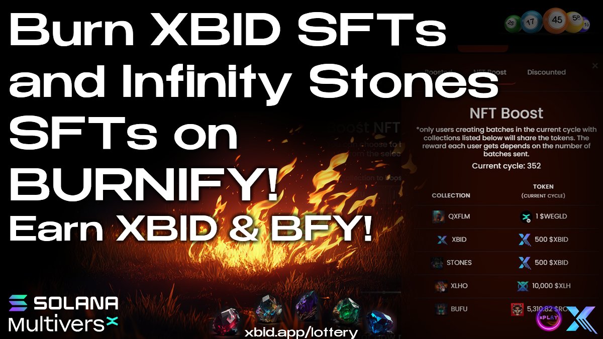 Burn SFTs on <a href="/BurnifyApp/">Burnify</a> 🔥

Set it on fire! You can now burn XBID SFTs and also Infinity Stones SFTs on Burnify to get XBID and BFY as rewards! Lower the supply and get rewarded!

burnify.app/nft-burn

<a href="/PulsarTransfer/">PulsarTransfer</a> send 100000 MEX to 100 reactions
#MultiversX #Solana #XBID