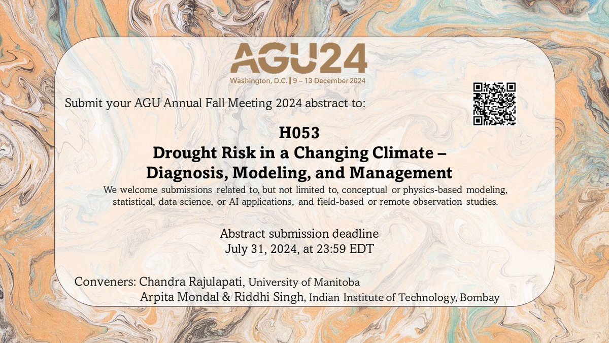 Chandra Rajulapati (@crrajulapati) on Twitter photo I'm super excited to convene a session at #AGU24 with <a href="/marpita567/">Arpita Mondal</a> and Riddhi Singh. If you are modeling, managing, or analyzing drought risk in a changing climate, please consider submitting an abstract to our session by Jul 31st. #AGU24 is both online and in person this year I'm super excited to convene a session at #AGU24 with <a href="/marpita567/">Arpita Mondal</a> and Riddhi Singh. If you are modeling, managing, or analyzing drought risk in a changing climate, please consider submitting an abstract to our session by Jul 31st. #AGU24 is both online and in person this year