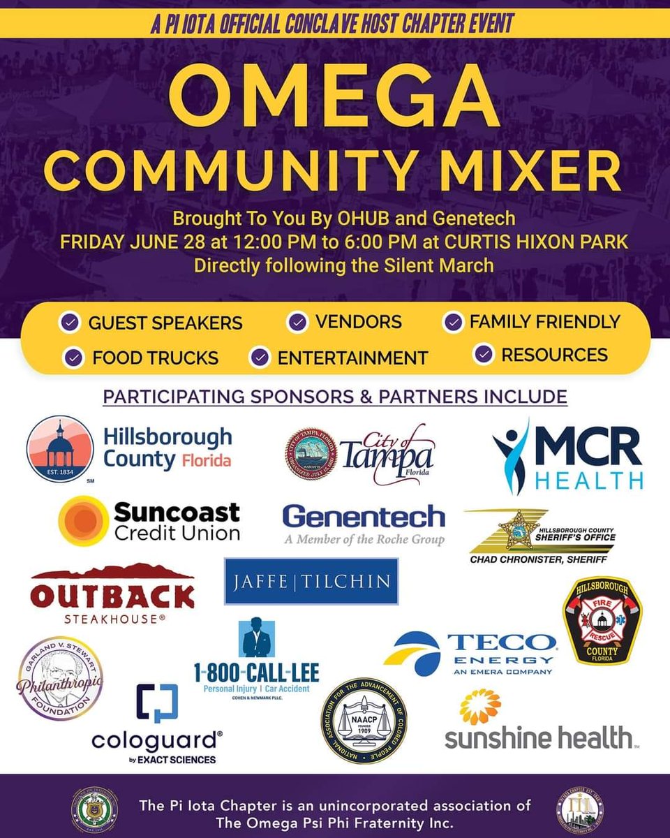 TheTampaCC's tweet photo. You're invited to join in on the Omega Psi Phi excitement! Check out these free, public events sponsored by @CityofTampa.

@officialoppf
@piiota_oppf
@visittampabay
@tampameetings

#TampaBound #CWAP #omegapsiphi #thetampacc #tampaproud #visittampa #visittampabay #unlocktampabay https://t.co/2TpWLH43Wl