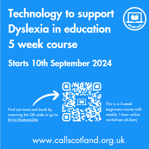 CALLScotland's tweet photo. Will you be supporting dyslexic learners next session?

Sign up now for our 5 week beginner course  - Technology to support Dyslexia in Education.

https://t.co/Ib3uIGjipk

#CallLearn https://t.co/iWTSJXBL2w