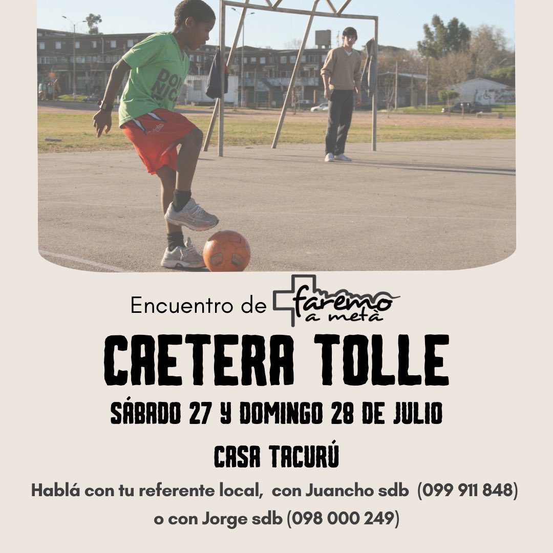 Nueva Experiencia de Faremo a meta!!! 
Se busca profundizar nuestra preferencia por la educación y el acompañamiento pastoral de los jóvenes, sobre todo los más desfavorecidos. 

"Caetera Tolle" el lema de toda persona que vive a fondo la experiencia salesiana. 

Te animas??
