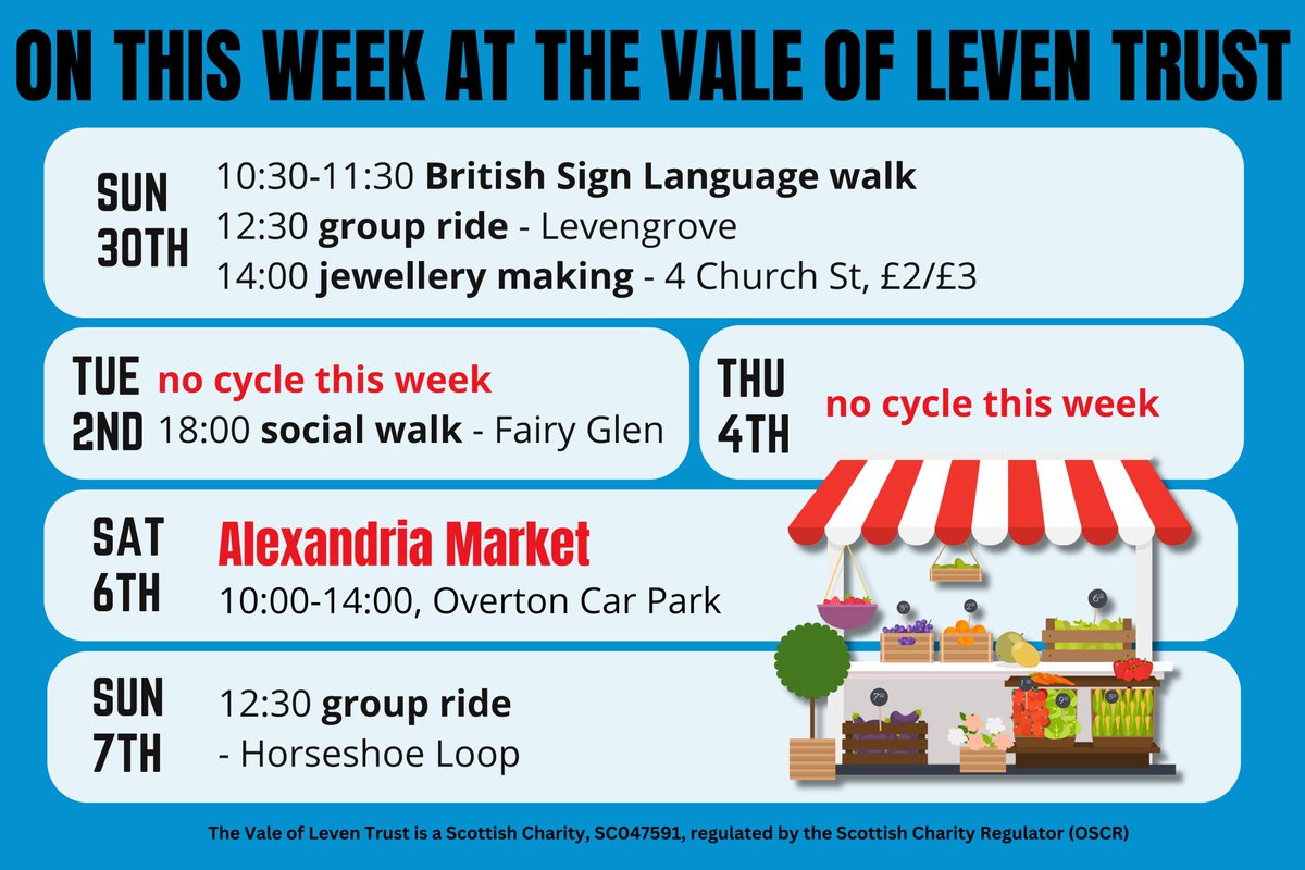 Here's what we've got coming up this week!

To book your place, give us a call on 01389 752 629, email us at info@valeofleventrust.com or pop in and see us at 9 Mitchell Way, Alexandria.

Remember that Alexandria Market  is back next Saturday the 6th of July!