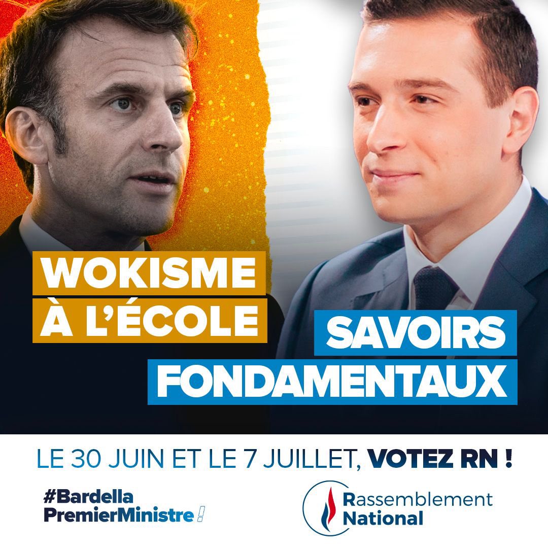 🔴 La macronie s'est noyée dans le wokisme, abandonnant notre jeunesse au rejet de notre histoire et à la haine de la France.

Pour que l'école redevienne ce sanctuaire de la transmission des savoirs fondamentaux, les 30 juin et 7 juillet, votez RN !

#BardellaPremierMinistre