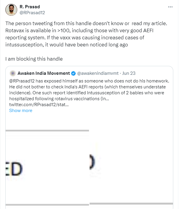 awakenindiamvmt's tweet photo. The science editor of @the_hindu has blocked us however he has conveniently avoided reading our thread on #rotavirus vaccine where the concerns around side effects raised worldwide have been mentioned.
https://t.co/CzIj4Z5nlb https://t.co/GW7ufriPTt