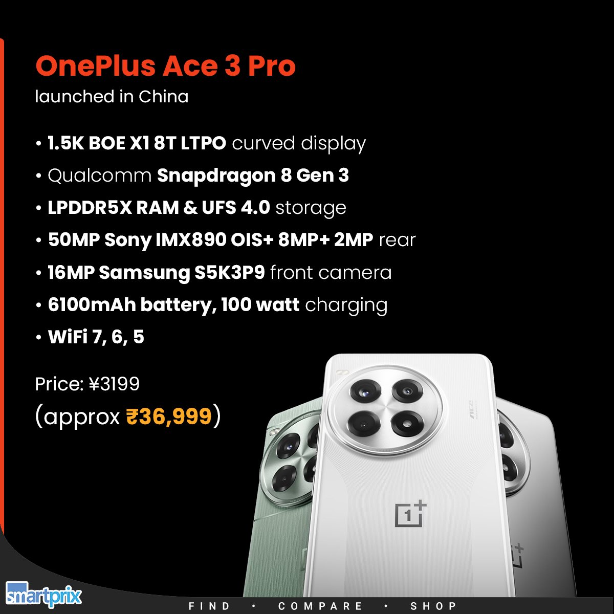 Smartprix's tweet image. The OnePlus Ace 3 Pro is here, but only in China for now. Will it be the OnePlus 12T for India?

#OnePlus #OnePlusAce3pro #NewLaunch