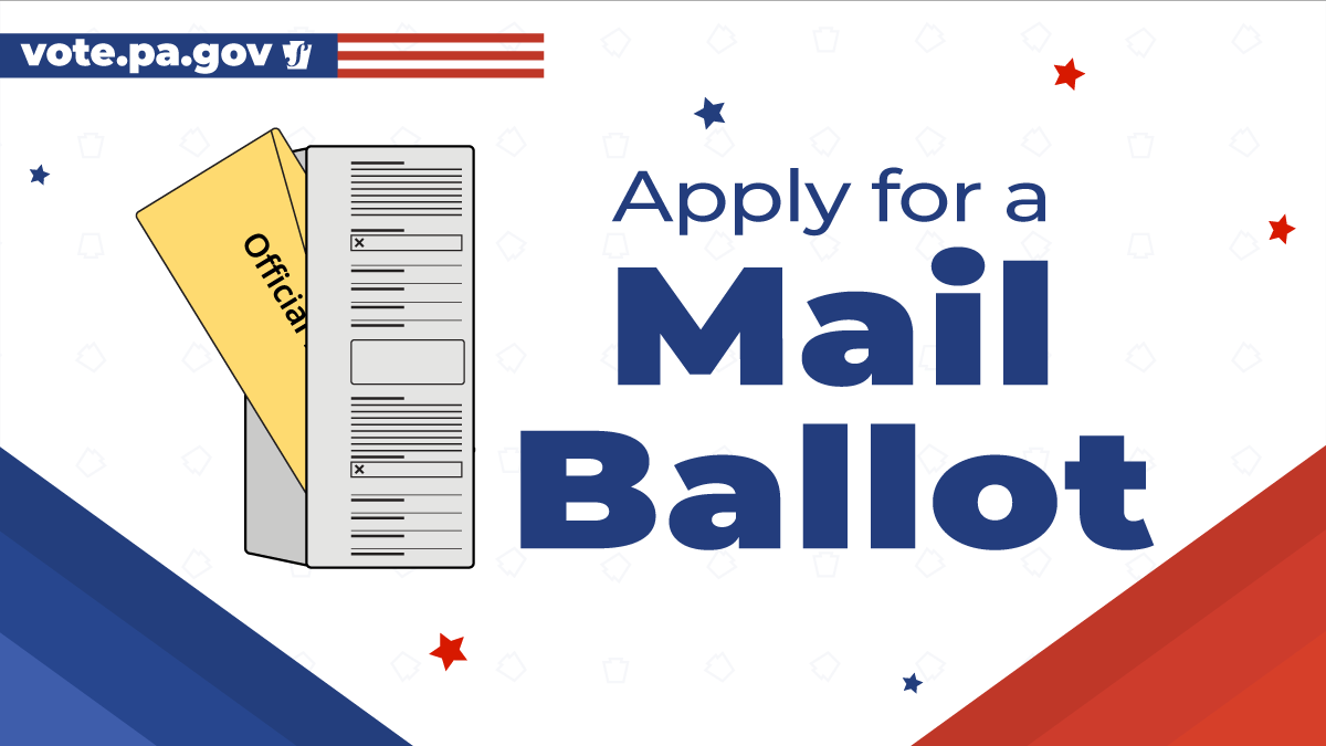 PAStateDept's tweet photo. The online mail ballot application for the Nov. 5 General Election is now available for PA voters.

Apply now: https://t.co/0oAG0kwhTe 
Learn more: https://t.co/IWGKgwWg73 https://t.co/bzetE6q3Mv