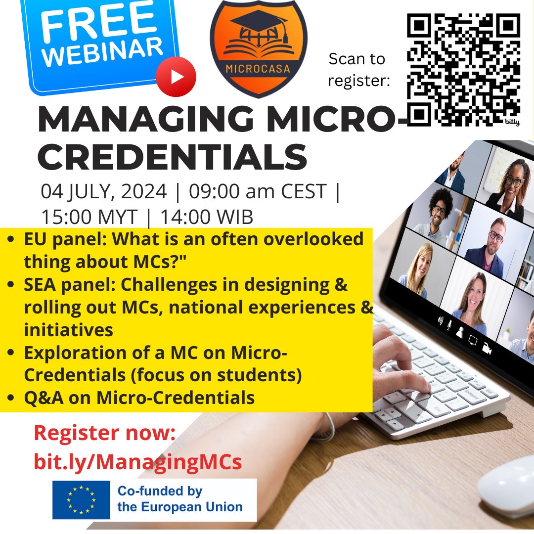 E+ MICROCASA (@microcasa_e) on Twitter photo 📢 Join our 2nd webinar: Managing #MicroCredentials by <a href="/MICROCASA_E/">E+ MICROCASA</a> ! 🗓️ July 4, 2024, at 09:00 am CEST | 15:00 MYT | 14:00 WIB.
Panel discussions on:
Overlooked aspects of MCs
Challenges & experiences in rolling out MCs
Live Q&A
🔗 Register now: bit.ly/ManagingMCs 📢 Join our 2nd webinar: Managing #MicroCredentials by <a href="/MICROCASA_E/">E+ MICROCASA</a> ! 🗓️ July 4, 2024, at 09:00 am CEST | 15:00 MYT | 14:00 WIB.
Panel discussions on:
Overlooked aspects of MCs
Challenges & experiences in rolling out MCs
Live Q&A
🔗 Register now: bit.ly/ManagingMCs