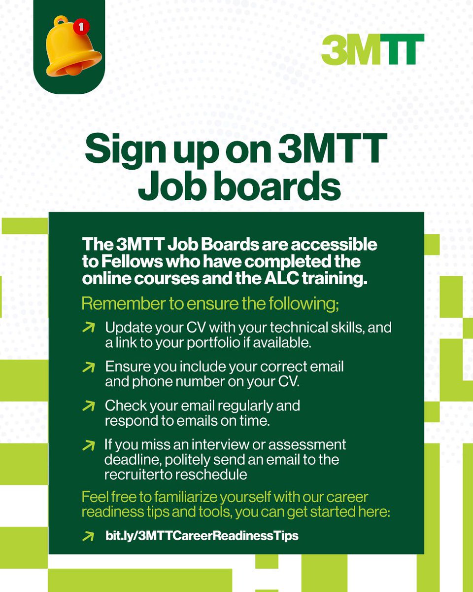 3MTTNigeria's tweet image. Attention Cohort 1! 📣

We are happy to announce that you can now explore job opportunities on the 3MTT Job Boards! These Job Boards are accessible to Fellows who have completed both online courses and ALC training. Sign up today and apply for roles both locally and remotely.