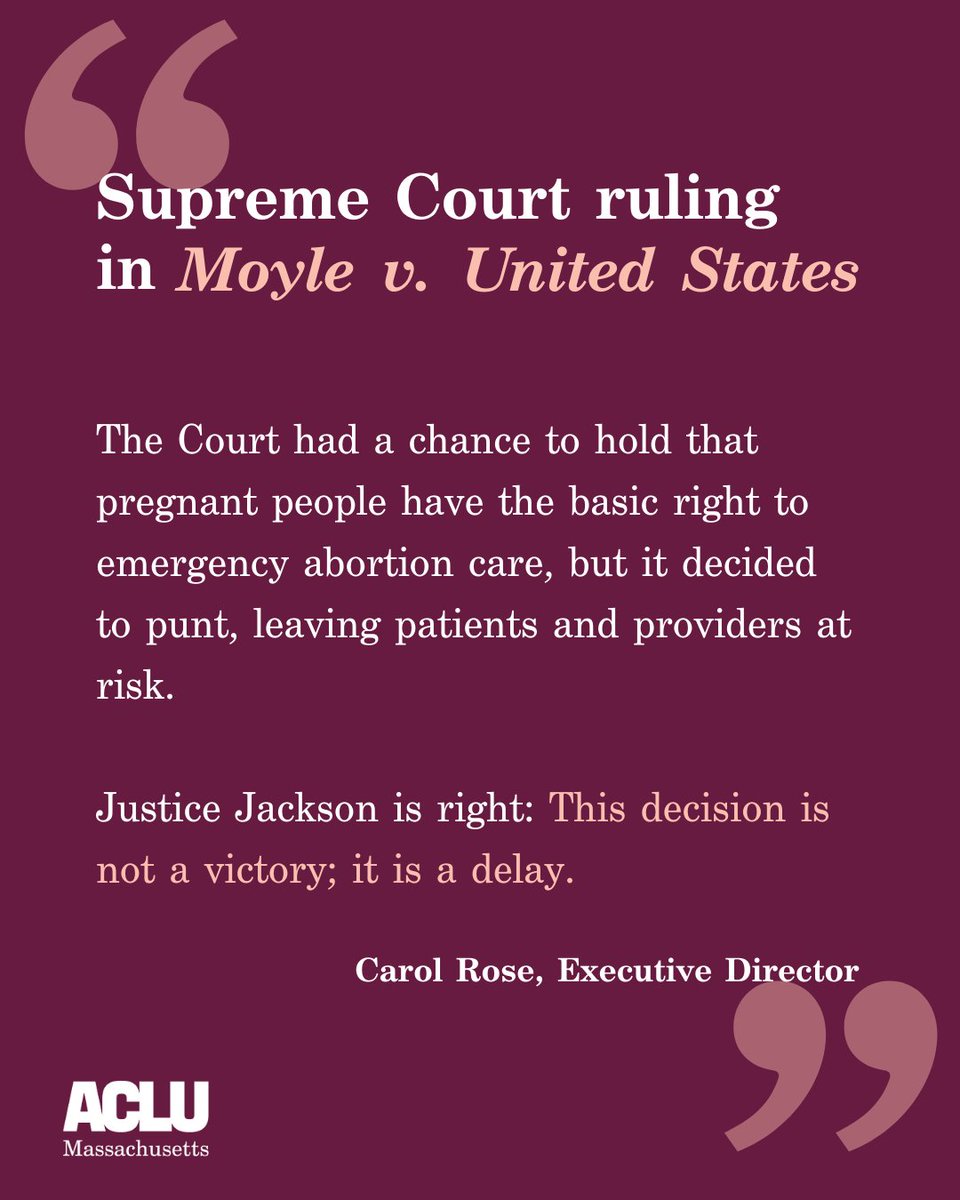 The Supreme Court issued a ruling today in Moyle v. United States. The Court had a chance to hold that pregnant people have the basic right to emergency abortion care, but it decided to punt. 

Justice Jackson is right: This decision is not a victory; it is a delay.