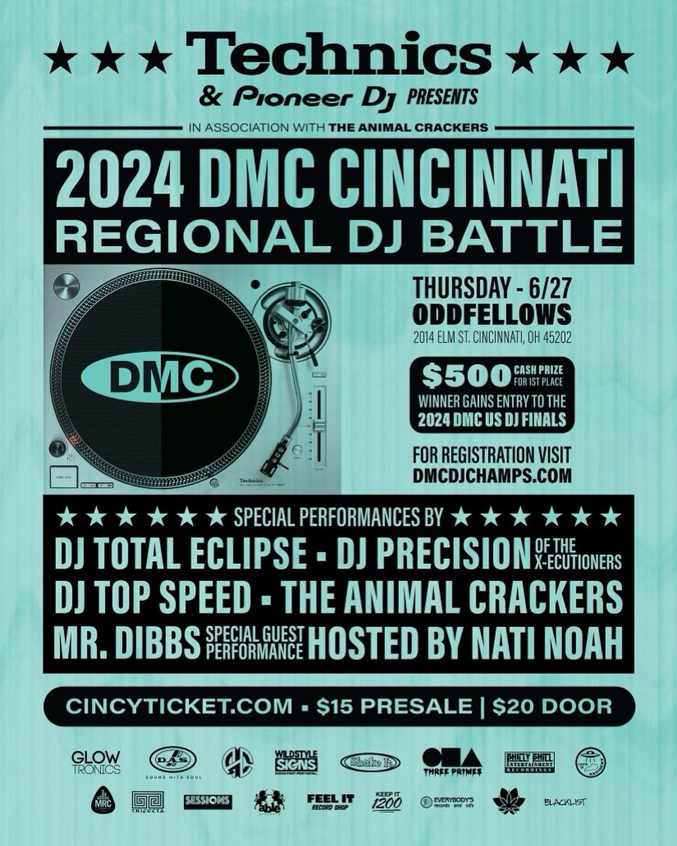 DMC USA DJ Battles (@dmcusadjbattles) on Twitter photo Thursday, June 27th: 2024 Technics DMC CINCINNATI Regional DJ Battle presented by <a href="/TheAnimalCrack/">TheAnimalCrackers</a> feat <a href="/DjTotalEclipse/">Total Eclipse</a> <a href="/NoisiCerP/">Dj Precision</a> <a href="/MrDibbs/">MrDibbs</a> <a href="/djtopspeed/">DJ Topspeed</a>
Host: Nati Noah. 7:30pm - ? 21+ Oddfellows 2014 Elm St Cincinnati OH 45202. $20 at the door. <a href="/DMCDJchamps/">DMC World DJ Championships</a> Thursday, June 27th: 2024 Technics DMC CINCINNATI Regional DJ Battle presented by <a href="/TheAnimalCrack/">TheAnimalCrackers</a> feat <a href="/DjTotalEclipse/">Total Eclipse</a> <a href="/NoisiCerP/">Dj Precision</a> <a href="/MrDibbs/">MrDibbs</a> <a href="/djtopspeed/">DJ Topspeed</a>
Host: Nati Noah. 7:30pm - ? 21+ Oddfellows 2014 Elm St Cincinnati OH 45202. $20 at the door. <a href="/DMCDJchamps/">DMC World DJ Championships</a>