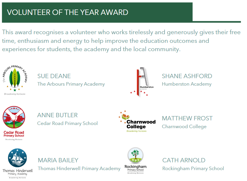 The two winners of this year’s Volunteer of the Year Award are Anne Butler and Matthew Frost! A big congratulations to @CedarRdPrimar and @Charnwoodcoll. Thank you to your commitment to supporting the young people of your community #InspirationAwards