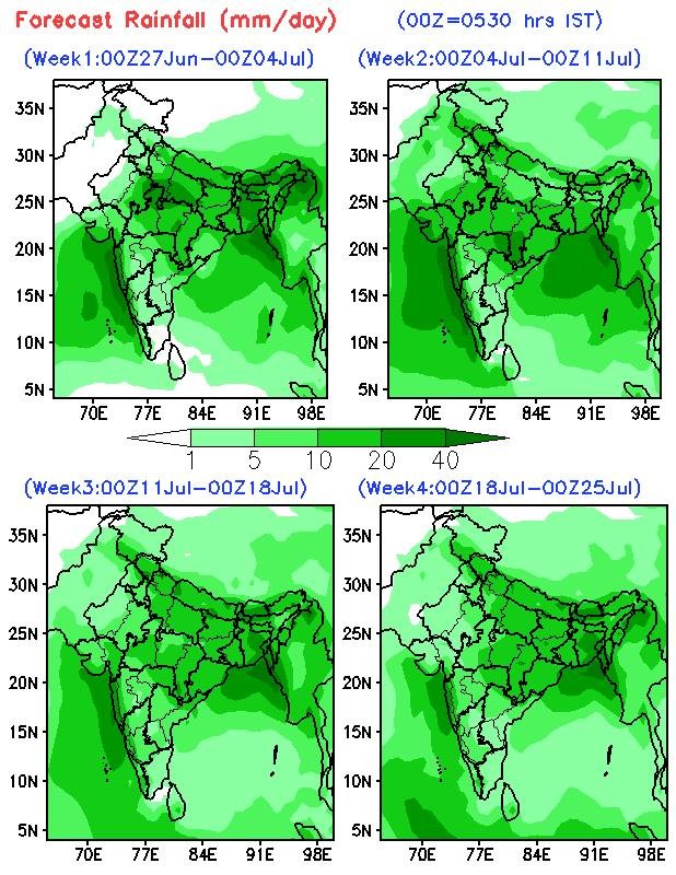 Mukhtar21134651's tweet photo. As per IMD's extended range forecast
●week 1 (27 June to 4 July) is showing  below  normal Rainfall.
●Week 2 (4 July to 11 July) is showing above normal Rainfall.
●Week 3 &amp; 4 (11-25 July) is showing near normal Rainfall.
#SWMonsoon24
#IMD 
#beprepared 
#beupdated https://t.co/AIAiWCIjYC
