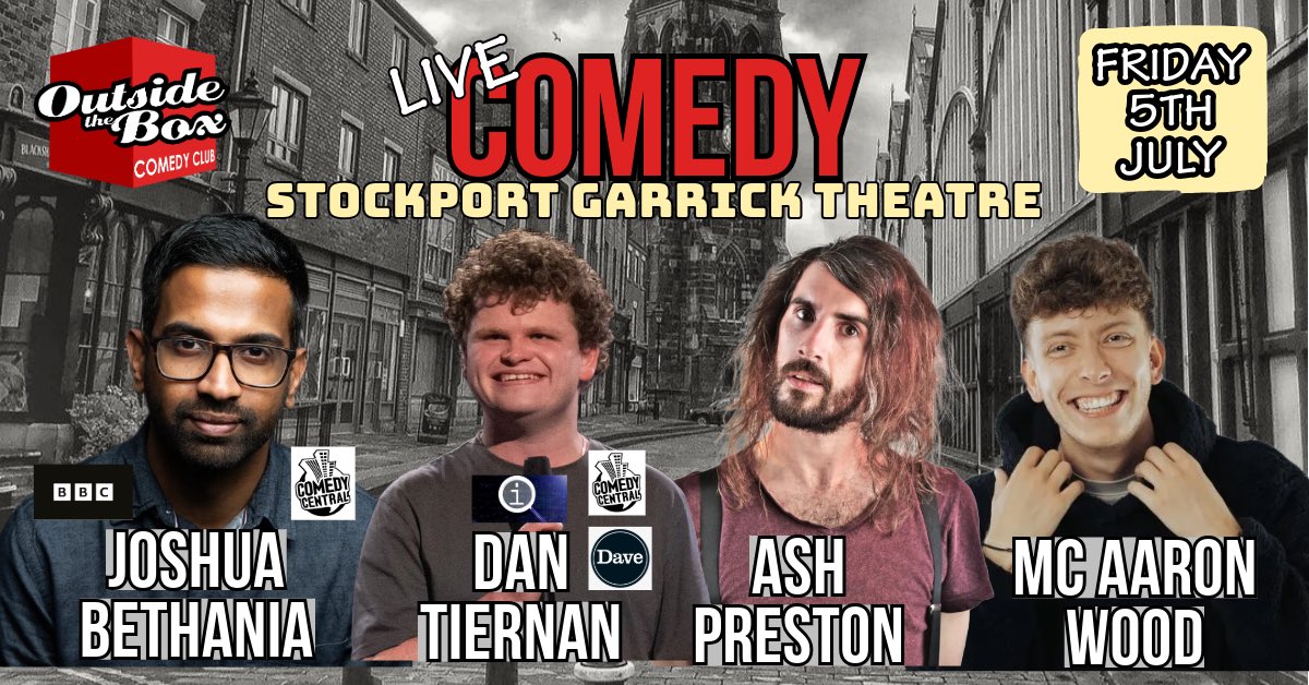 OTB Comedy Stockport (@otbstockport) on Twitter photo Next Friday in #Stockport
<a href="/tiernancomedian/">Dan Tiernan</a>
<a href="/joshuabethania/">Joshua Bethania Comedy</a>
<a href="/TheAshPreston/">Ash Preston</a>
<a href="/AaronWoodComedy/">Aaron Wood</a>
Tickets➡️ wegottickets.com/otbstockport
#theheatons #romiley #edgeley #woodley #offerton #bramhall #poynton #levenshulme #didsbury #cheadle #hazelgrove #disley #heaviley #reddish #congleton Next Friday in #Stockport
<a href="/tiernancomedian/">Dan Tiernan</a>
<a href="/joshuabethania/">Joshua Bethania Comedy</a>
<a href="/TheAshPreston/">Ash Preston</a>
<a href="/AaronWoodComedy/">Aaron Wood</a>
Tickets➡️ wegottickets.com/otbstockport
#theheatons #romiley #edgeley #woodley #offerton #bramhall #poynton #levenshulme #didsbury #cheadle #hazelgrove #disley #heaviley #reddish #congleton