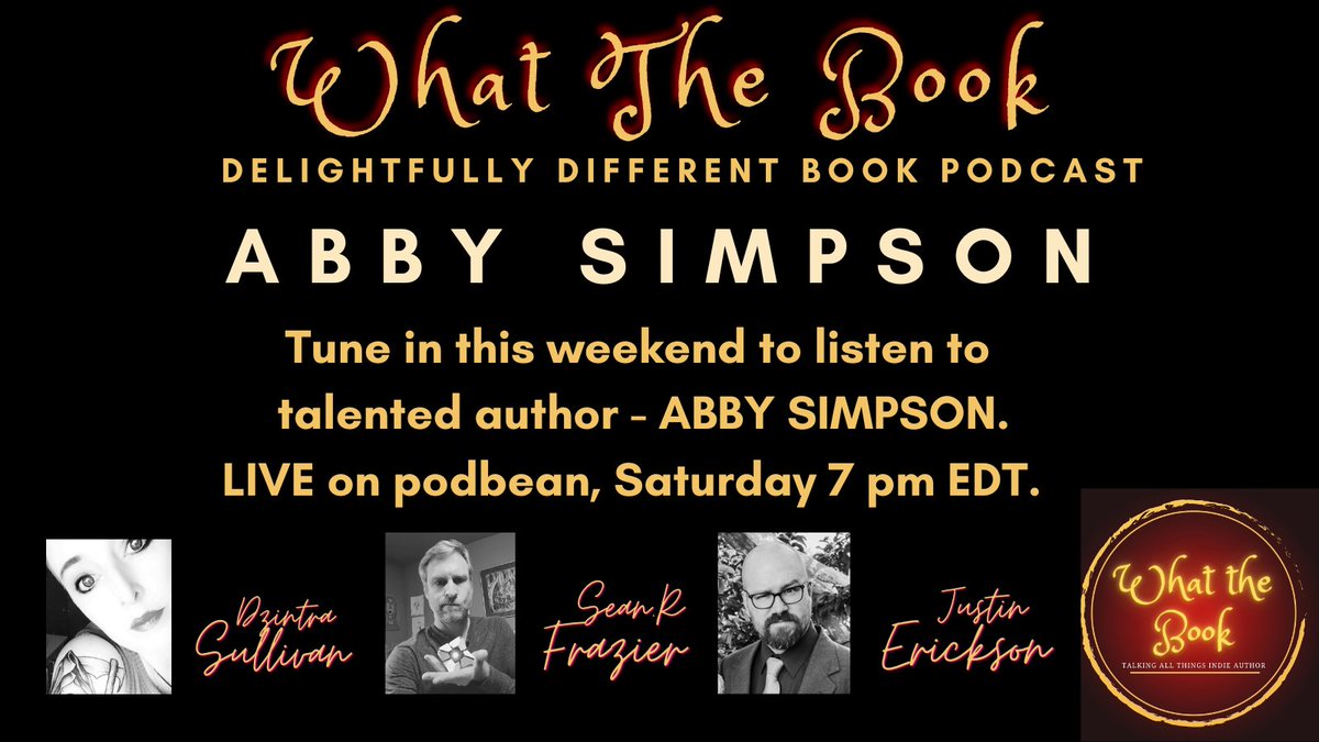#Bookers

This weekend we will sit and talk to debut author and fan favourite @abbythetweet 

Come listen #live on <a href="/podbean/"></a> or catch up later on <a href="/Spotify/">Spotify</a> 

Hosted by
<a href="/TheCleftonTwain/">Sean R. Frazier, Author</a> 
@maladjustined 
<a href="/DzintraSullivan/">Dzintra - Author</a>