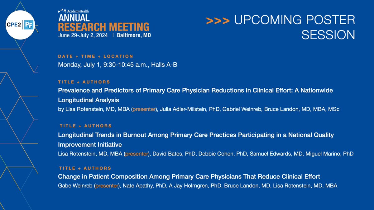 Center for Physician Experience (@cpe2_) on Twitter photo Also between 9:30-10:45 a.m. EST today, <a href="/LisaRotenstein/">Lisa Rotenstein MD</a> will present her poster on burnout trends among primary care practices participating in a national QI initiative. See you in Halls A-B! <a href="/AcademyHealth/">AcademyHealth</a> #CPE2 #ARM2024 Also between 9:30-10:45 a.m. EST today, <a href="/LisaRotenstein/">Lisa Rotenstein MD</a> will present her poster on burnout trends among primary care practices participating in a national QI initiative. See you in Halls A-B! <a href="/AcademyHealth/">AcademyHealth</a> #CPE2 #ARM2024