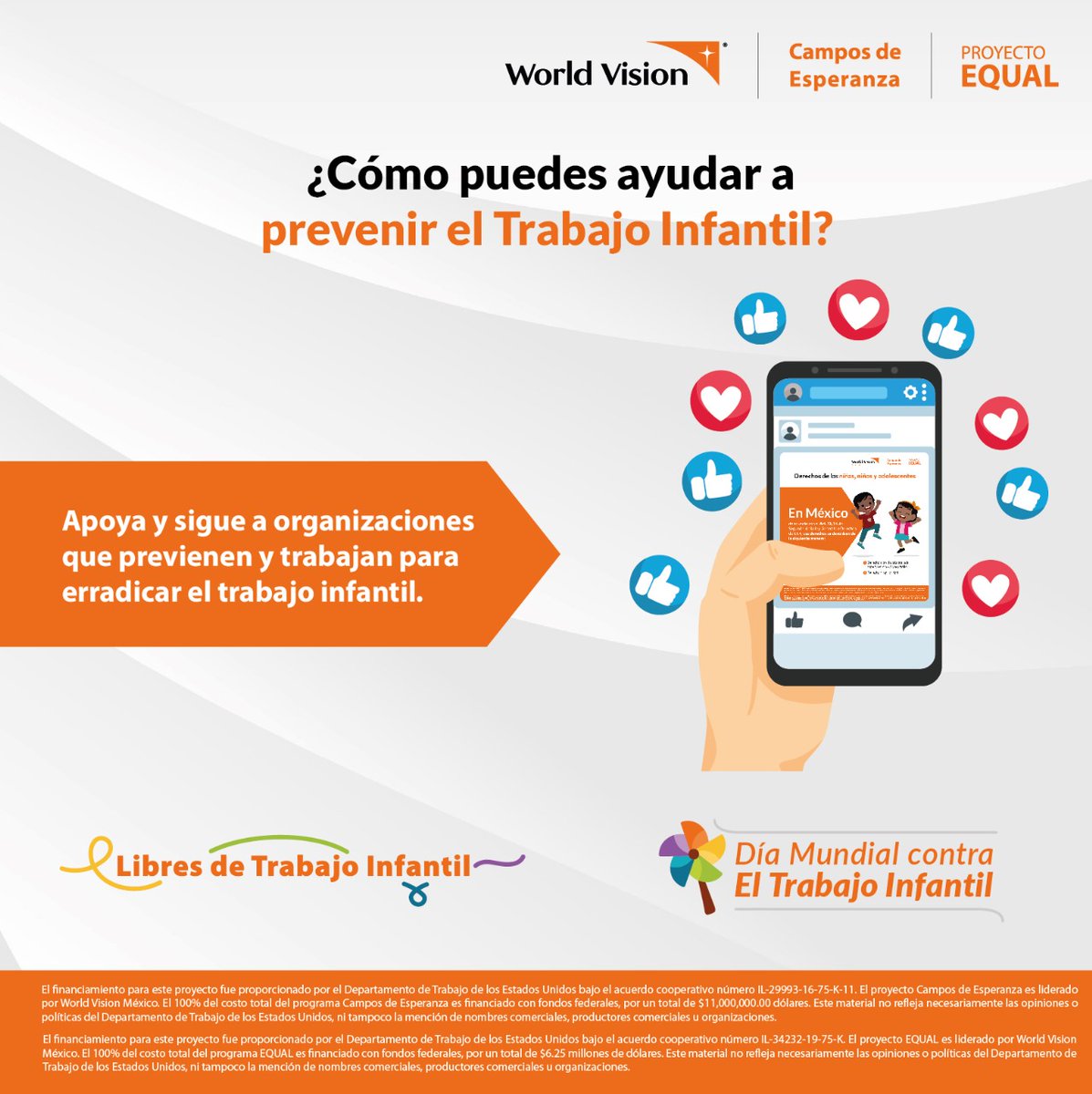 CDE_WorldVision's tweet photo. Construir una sociedad más justa y equitativa, previniendo y erradicando el trabajo infantil, es posible si llevas a cabo alguna de estas acciones que te compartimos. ¿Qué otras actividades piensas que pueden ayudar? #LibresDeTrabajoInfantil @WorldVisionMx https://t.co/LwJqkpO1wi