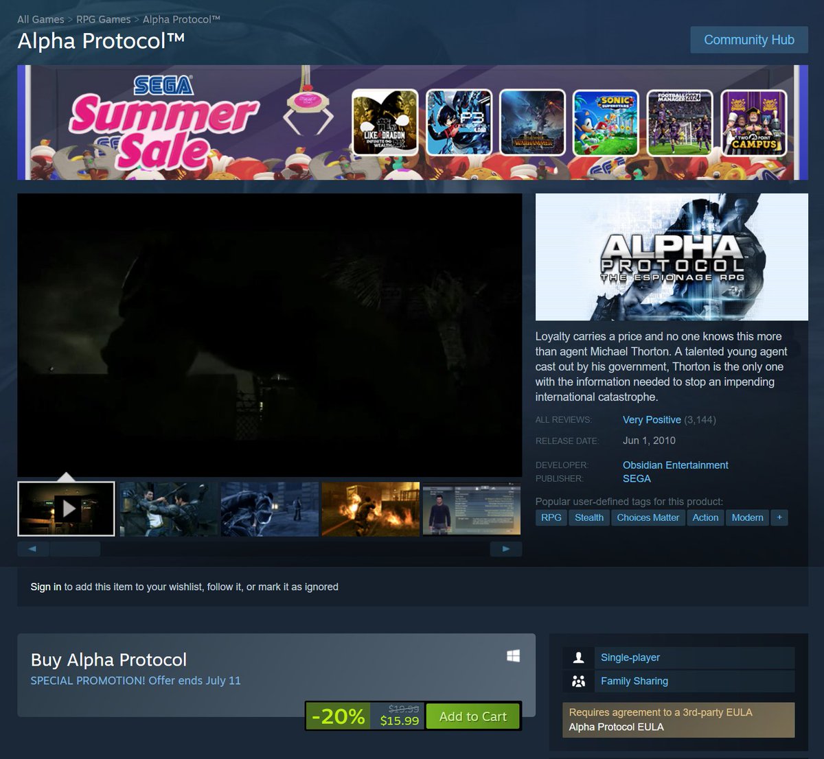 MikeyDowling's tweet image. Oh hey. Alpha Protocol is back on Steam AND it&apos;s on sale.

Go play the first game I worked on!
store.steampowered.com/app/34010/Alph…