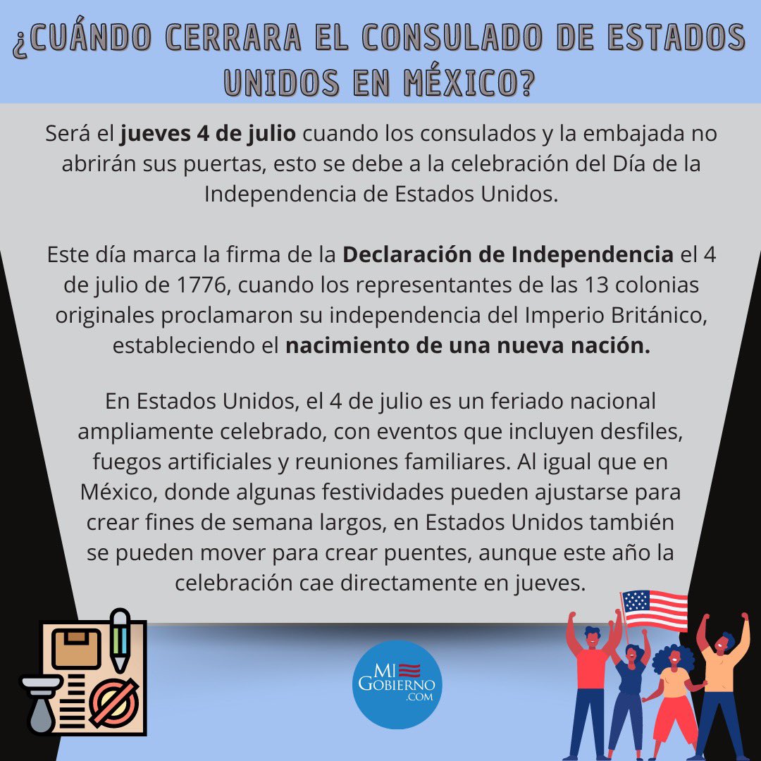 Habrá un día del mes de julio que el consulado de Estados Unidos en México. 

#migobiernocom #consulado #EstadosUnidos #LaIndependencia  #4deJulio  #celebración