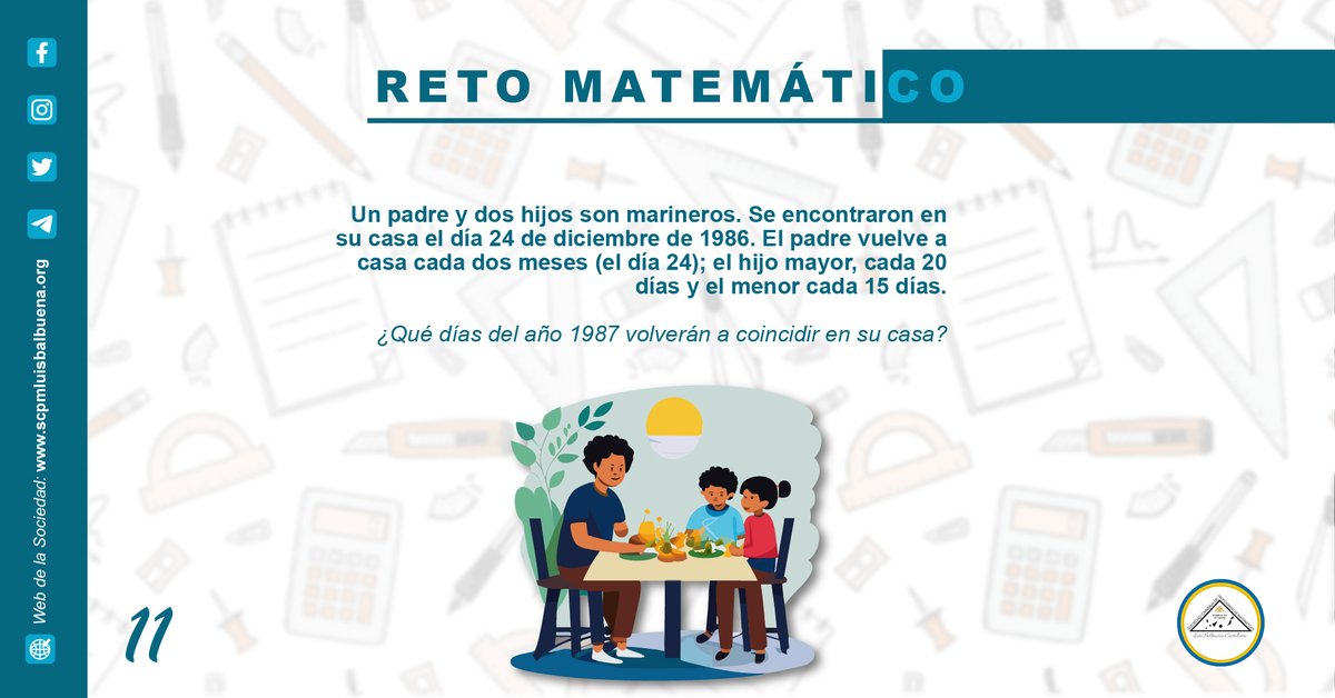 SCPMLBalbuenaC's tweet photo. 🧮🔷¡Hoy volvemos con un nuevo reto matemático!
Léelo y responde:
¿Qué días del año 1987 volverán a coincidir en su casa?
⬇️ ¿Sabes la respuesta? Déjala en los comentarios ⬇️
.
.
.
.
.
#Matemática #retomatemático #Educación #retofácil #SCPM #Maths #aprendematemática https://t.co/oA59RaRCj7