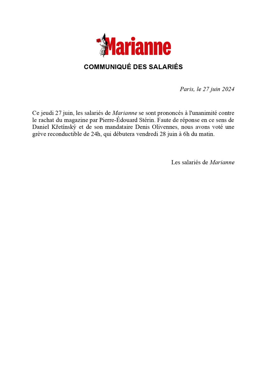 Communiqué des salariés de <a href="/MarianneleMag/">Marianne</a>.