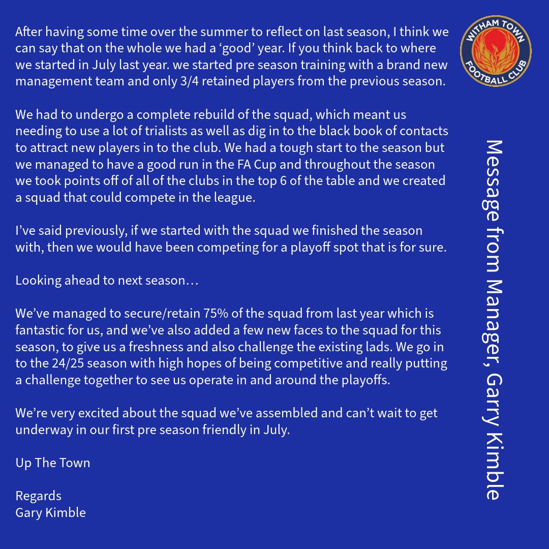WithamTownFC (@withamtownfc) on Twitter photo We caught up with Manager, <a href="/garrykimble/">garry kimble</a> to get his thoughts on last season and find out how preparations are going for 2024/25. We caught up with Manager, <a href="/garrykimble/">garry kimble</a> to get his thoughts on last season and find out how preparations are going for 2024/25.