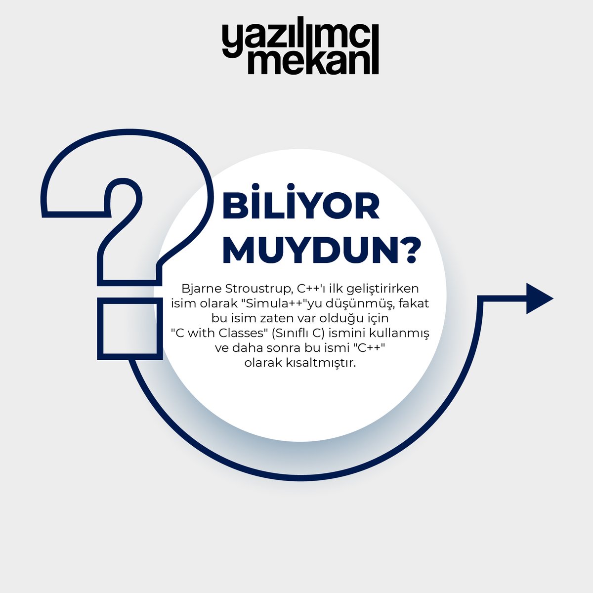 Bjarne Stroustrup, C++'ı ilk geliştirirken isim olarak "Simula++"yu düşünmüş, fakat bu isim zaten var olduğu için "C with Classes" (Sınıflı C) ismini kullanmış ve daha sonra bu ismi "C++" olarak kısaltmıştır.

#yazılım #programlama #developer #cpp #c #clanguage #clang