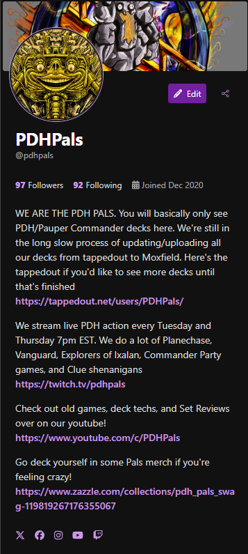 PDHPals's tweet photo. Okay, we're jumping on this trend as well
Here's our @moxfieldmtg account! 
If you're interested in seeing a lot of PDH decks look no further. 
We're still working on moving everything over to it but 200+ PDH decks that are way out of date makes it take a while hahah https://t.co/rTnwiBVyY0