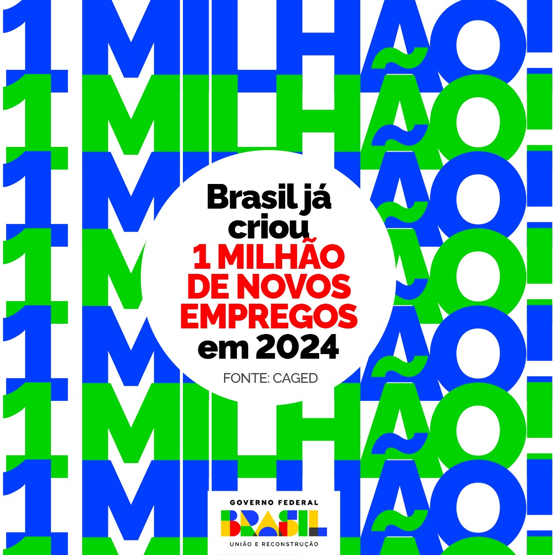Governo do Brasil (@govbr) on Twitter photo 💼 Mais emprego, mais brasileiros com vida digna. Nesta quinta-feira (27), foram divulgados os dados sobre emprego com carteira assinada no país. Segundo o Novo Caged, do <a href="/mintrabalhobr/">Ministério do Trabalho e Emprego</a>, o Brasil criou 1 milhão de vagas com carteira assinada nos primeiros cinco meses de 2024. + 💼 Mais emprego, mais brasileiros com vida digna. Nesta quinta-feira (27), foram divulgados os dados sobre emprego com carteira assinada no país. Segundo o Novo Caged, do <a href="/mintrabalhobr/">Ministério do Trabalho e Emprego</a>, o Brasil criou 1 milhão de vagas com carteira assinada nos primeiros cinco meses de 2024. +