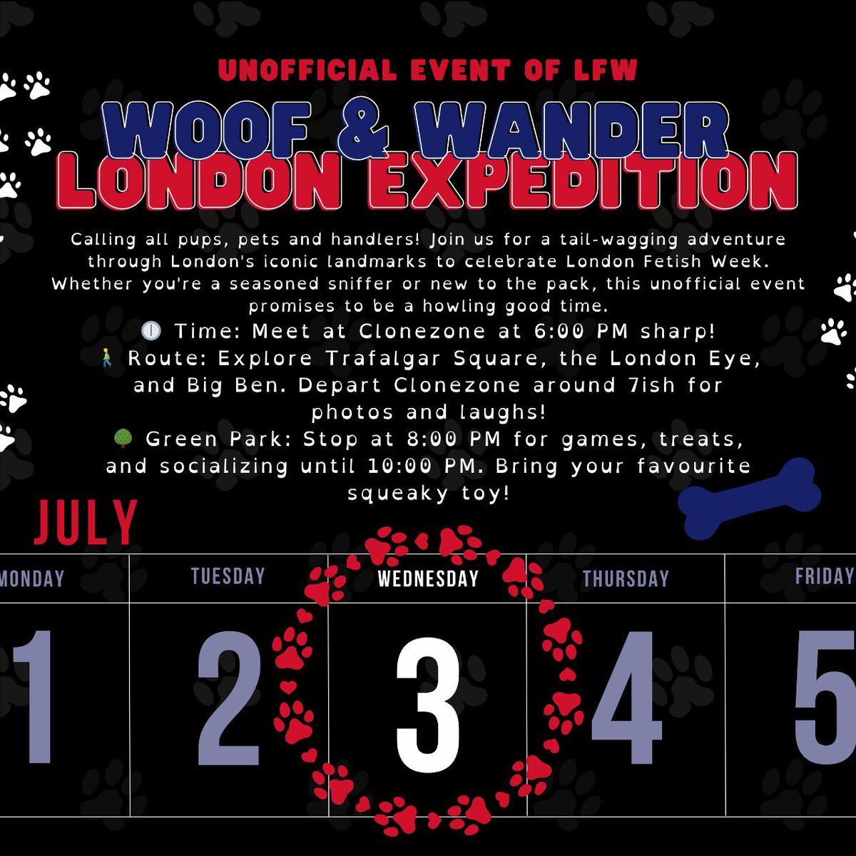 If any Pups or Handlers would like an evening stroll next Wednesday during LFW.. do come along! All welcome 🥰 thanks to <a href="/QuincyYoungXXX/">Quincy Young 🔜Darklands</a> for organising and making graphics!