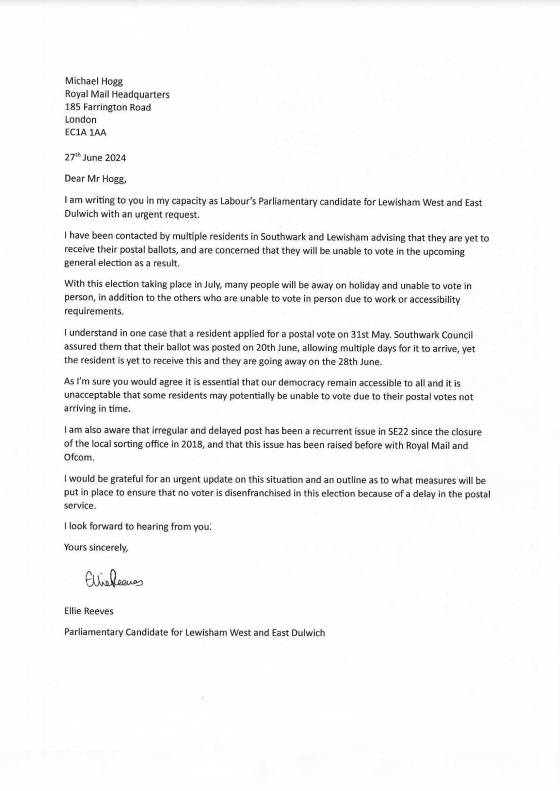elliereeves's tweet photo. Really concerned to learn residents in Lewisham West &amp; East Dulwich have yet to receive postal ballots because of a delay in the postal service.

Nobody should be disenfranchised in this election, and I have written urgently to Royal Mail on this 👇 https://t.co/OAAuoX0qWl