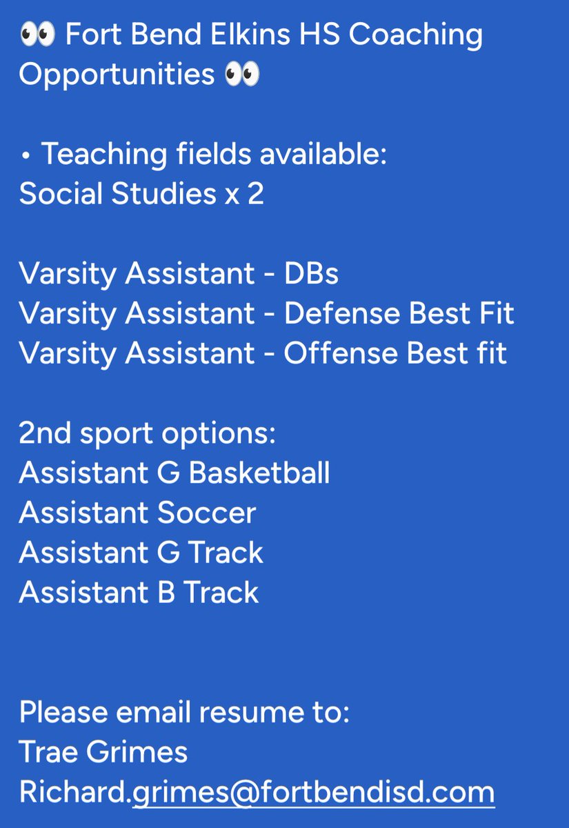 CoachTGr's tweet image. Coaching opportunities at a great high school in an awesome district. Elkins HS in Missouri City, TX. Come join us at the Castle!

0 years teaching = $62k
+ Coaching Stipends

FAMILY
#KnightLife