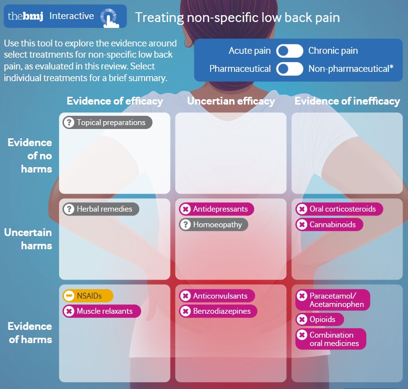 Low back pain is the world’s leading cause of disability.

This article reviews what is known about common analgesics for treating non-specific low back pain.

Use our interactive #BMJInfographic to explore the evidence for different treatments
bmj.com/content/385/bm…