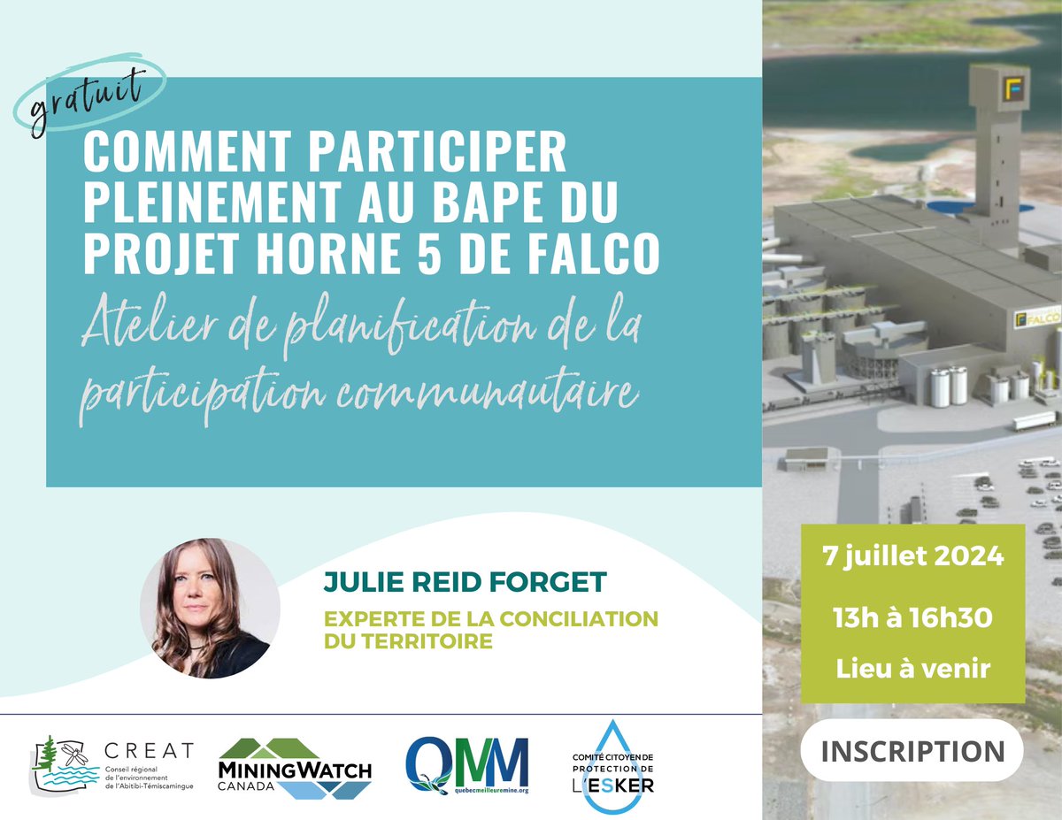 TurgeonRodrigue's tweet photo. Invitation, atelier public sur le BAPE Horne 5 | Le Conseil régional de l’environnement de l’Abitibi-Témiscamingue (CREAT), @MiningWatch, la Coalition QMM et le CCPE invitent le public à un atelier gratuit sur comment participer au BAPE du projet minier Horne 5, à Rouyn-Noranda https://t.co/vBoC82SEDO