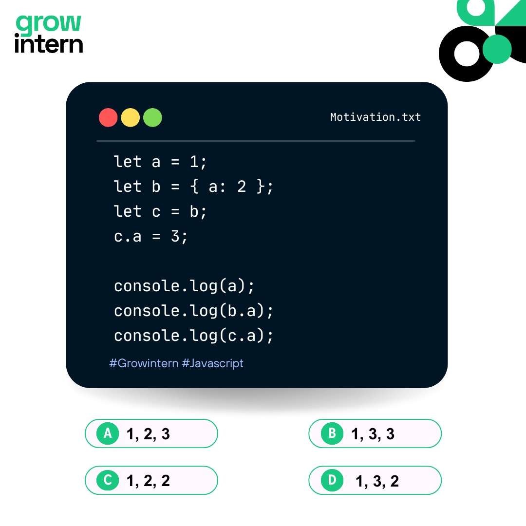 Growintern's tweet photo. 🚀 **Guess the JavaScript Output Challenge!** 🚀
Join Growintern for a transformative Internship experience!

🌐 Apply Now: https://t.co/uUtmqAE04P

#Challenge #Coding #Growintern #javascript #css #python #challenges #internship #intern #job #webdeveloper #quiz #jobs https://t.co/j0gcewxju3