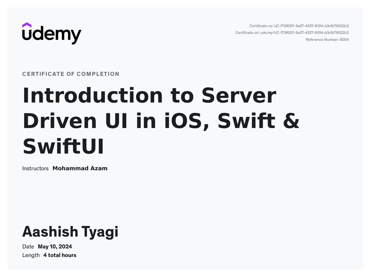 Just completed the Introduction to Server driven UI in iOS Swift &amp; SwiftUI  on <a href="/udemy/">Udemy</a>! 🎉 

Learned so much about UI design which can be changed from Backend without need to update  mobile app. Excited to put these new skills to use! 🚀 #LifelongLearning #iOS #Udemy #SwiftUI