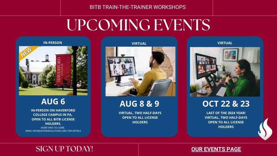 Join us either in-person or virtually for our next Bringing in the Bystander College Train-the-Trainer Workshop. Get trained to implement this crucial prevention program. Don't miss out: bit.ly/3zjSRVz
#BITB #college #SoteriaSolutions #training