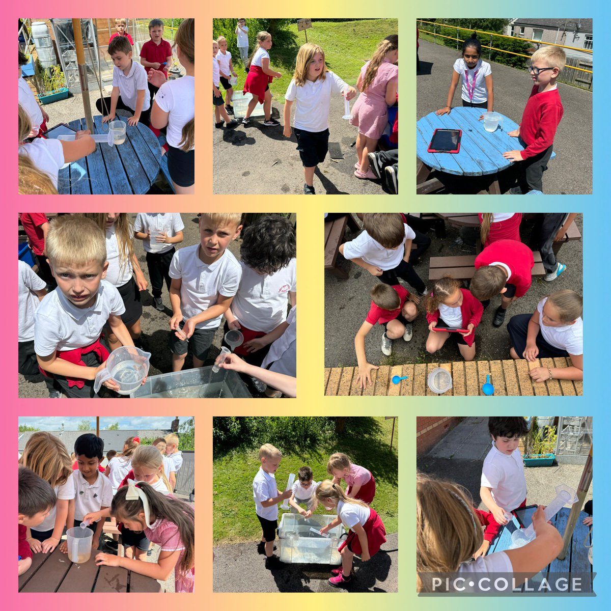 The sun is out so that means maths outdoors today. Play games, using measuring jugs to measure volume