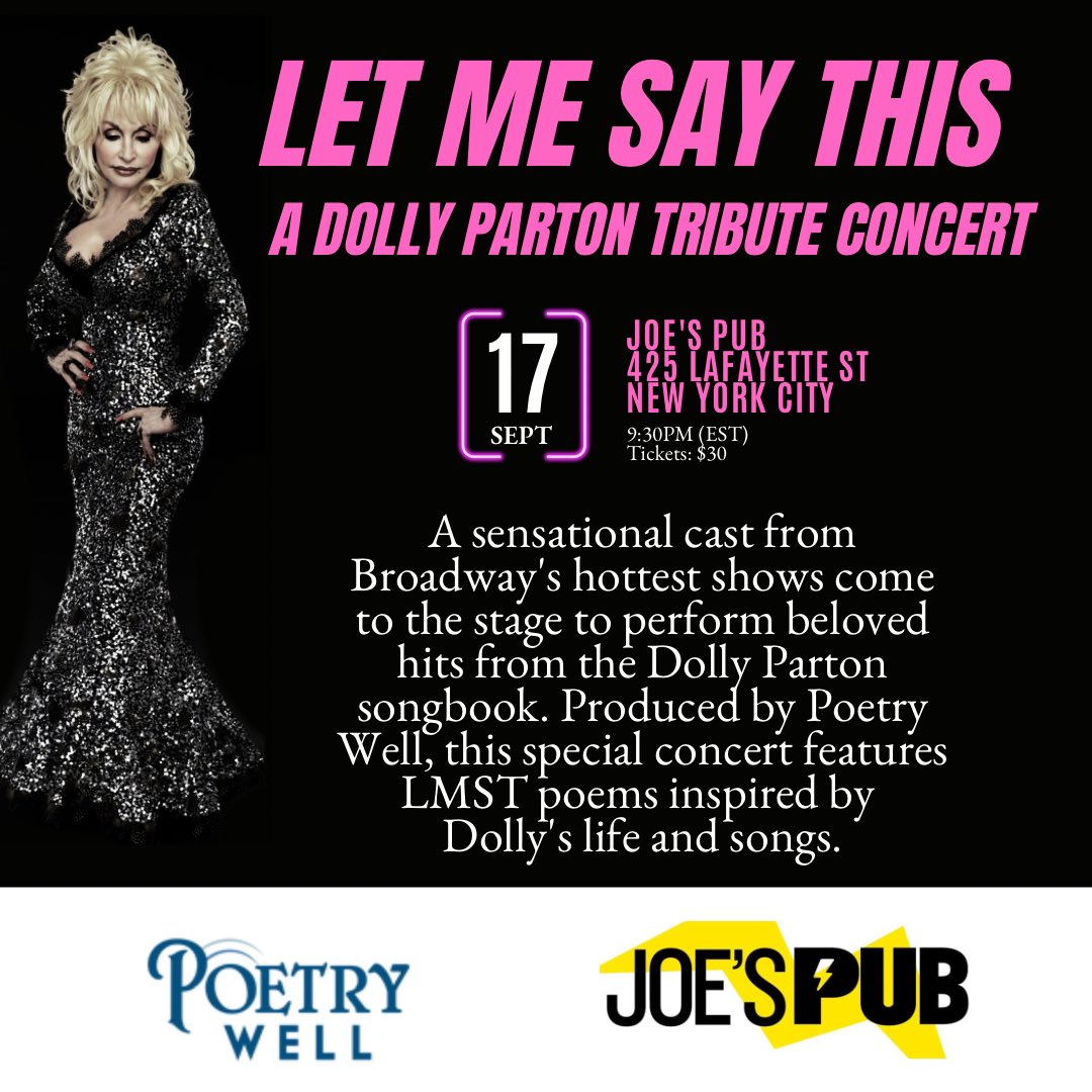 _LetMeSayThis_'s tweet photo. LMST! Broadway stars! @JoesPub! Poetry Well! It all comes together on 9/17/24. 

Details &amp; tickets here: https://t.co/2bB9AeI25R.

#DollyPoems #Poets #Poetry #Dolly #LetMeSayThisAnthology #writers https://t.co/vGlXaQBwrj