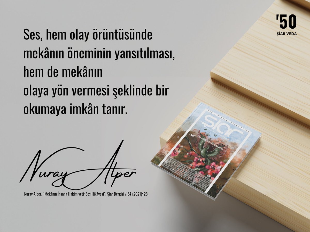 Ses, hem olay örüntüsünde mekânın öneminin yansıtılması, hem de mekânın
olaya yön vermesi şeklinde bir okumaya imkân tanır.

#Şiar50

Nuray Alper, “Mekânın İnsana Hakimiyeti: Ses Hikâyesi”, Şiar Dergisi / 34 (2021): 23.
