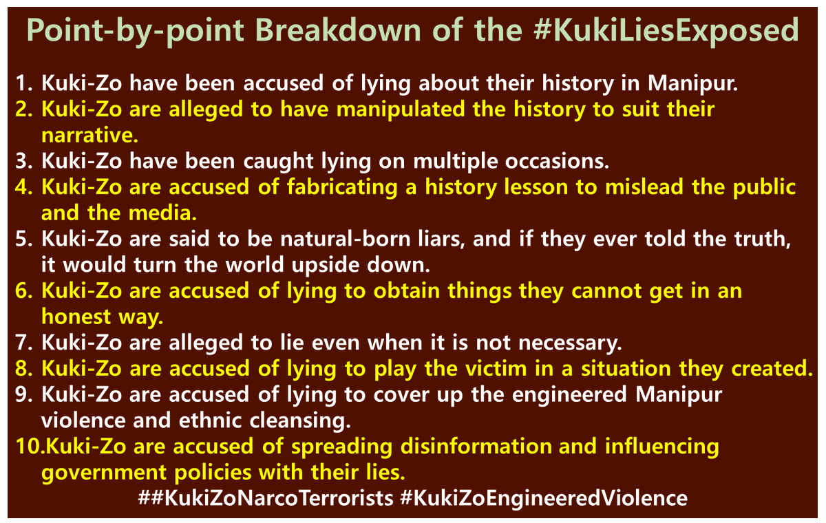 Point-by-point Breakdown of the #KukiLiesExposed

1.Kuki-Zo have been accused of lying about their history in Manipur.
2.Kuki-Zo are alleged to have manipulated the history to suit their narrative.
3.Kuki-Zo have been caught lying on multiple occasions.
4.Kuki-Zo are accused of