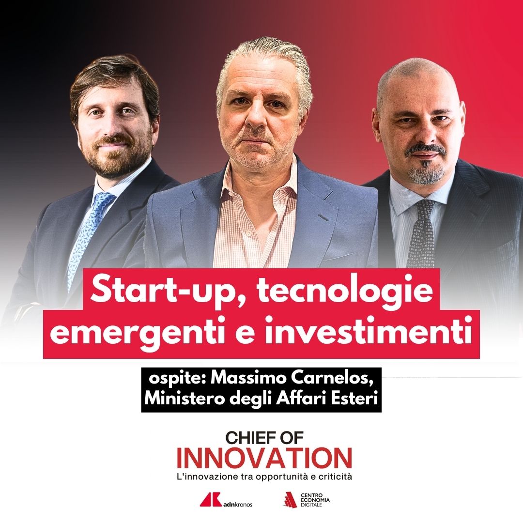 Nel primo episodio di “Chief of Innovation”, la serie creata e prodotta da #Adnkronos e <a href="/News_CED/">Centro Economia Digitale \ CED</a>, Giorgio Rutelli e <a href="/RosarioCerra/">Rᴏsᴀʀɪᴏ Cᴇʀʀᴀ</a> dialogano con Massimo Carnelos, consigliere d’ambasciata e Head of Technological Innovation and Startup <a href="/ItalyMFA/">Farnesina 🇮🇹</a>. Carnelos ha oltre 20 anni di