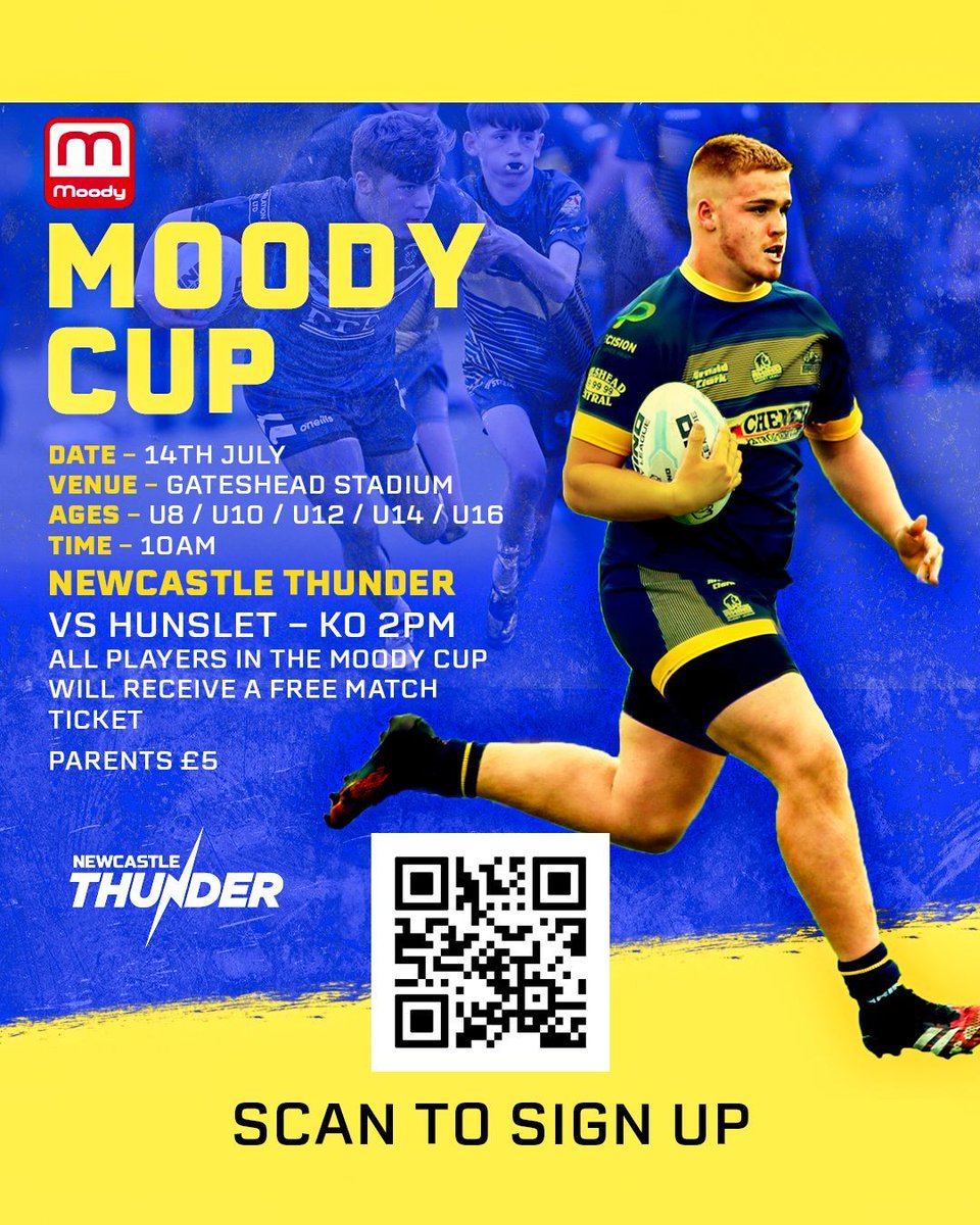 𝗧𝗵𝗲 𝗠𝗼𝗼𝗱𝘆 𝗖𝘂𝗽 𝗶𝘀 𝗯𝗮𝗰𝗸! 🏉 
 
Open to all grassroots players and free to enter. All participants will also get a free ticket to the <a href="/ThunderRugby/">Newcastle Thunder</a> game!

Register now at buff.ly/4cvFtw8. 

#raiseinvolvement #newcastlerugbyfoundation #rugbyleague