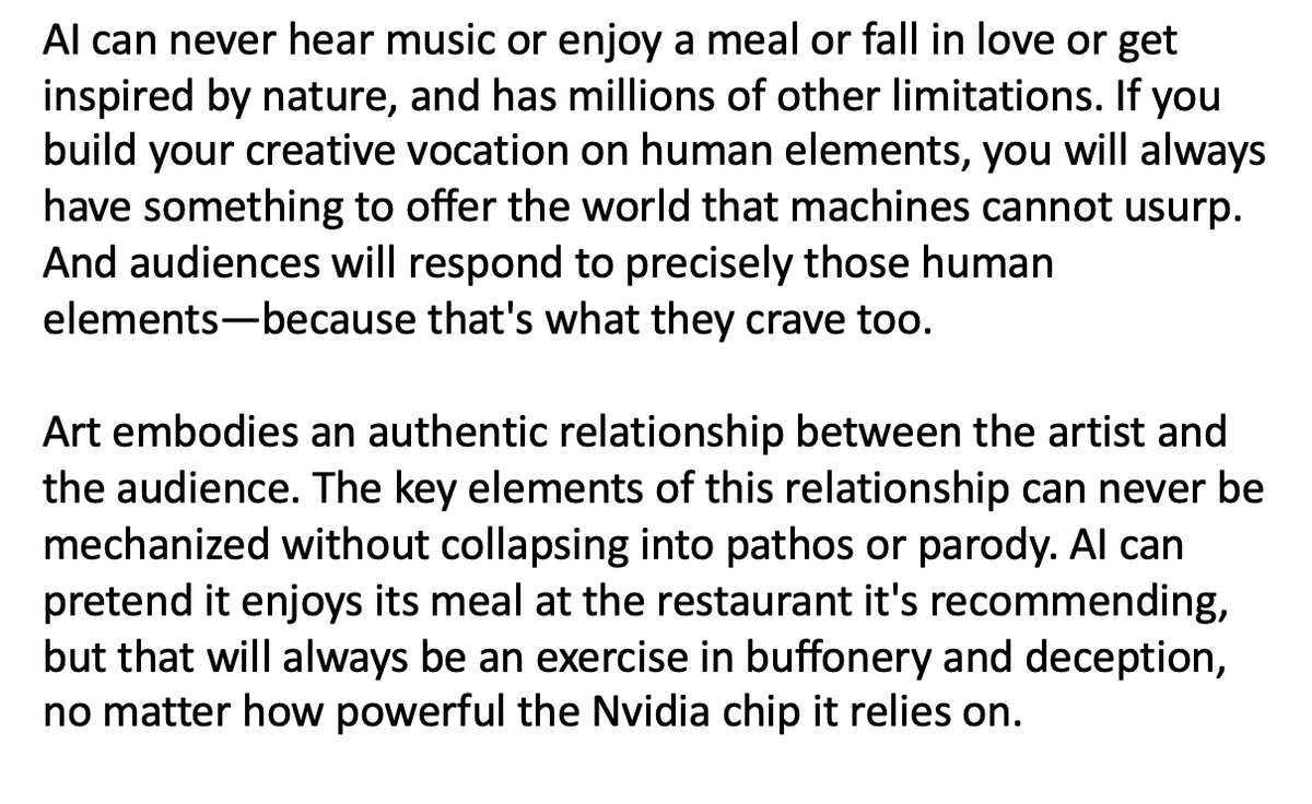 From my response to a young French artist who wrote to me in despair today—asking if he should give up his vocation, because AI is replacing human artistry.