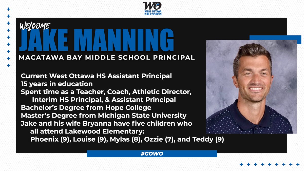 West Ottawa Public Schools (@wopublicschools) on Twitter photo We are excited to announce <a href="/JakeManning12/">Jake Manning</a> as the next Principal of <a href="/MacBayMS/">Macatawa Bay Middle School</a>!
#GoWO
#WeareOne We are excited to announce <a href="/JakeManning12/">Jake Manning</a> as the next Principal of <a href="/MacBayMS/">Macatawa Bay Middle School</a>!
#GoWO
#WeareOne