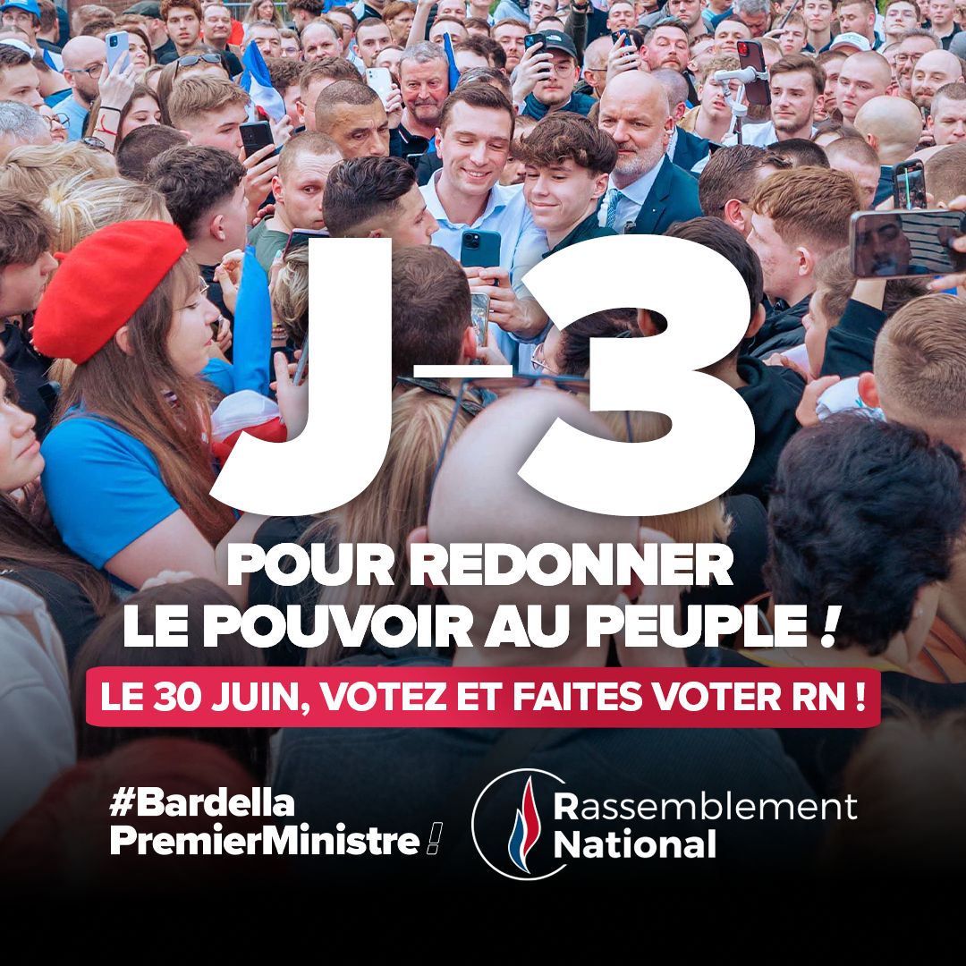 🔴 J-3 pour redonner le pouvoir au peuple !

Ce dimanche 30 juin, votez pour porter aux responsabilités des gens qui vous aiment, vous écoutent et vous respectent.

Dimanche, pour le 1er tour des législatives, votez et faites voter RN !

#BardellaPremierMinistre