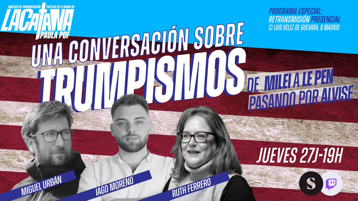 🔴EN DIRECTO | Una conversación sobre Trumpismos: de Milei a Le Pen pasando por Alvise
🗣Con <a href="/MiguelUrban/">Miguel Urbán Crespo</a> <a href="/IagoMoreno_es/">Iago Moreno</a> y @RFT2 
🎙Modera <a href="/paula_pof/">Paula Pof</a>, coorganizado con <a href="/Versolibros/">Verso Libros</a> y <a href="/Rosalux_ES_PT/">Fundación Rosa Luxemburg</a>
📺Síguelo en Youtube
youtube.com/live/GPU69ip3i…
📺O en Twitch
twitch.tv/elsaltodiario